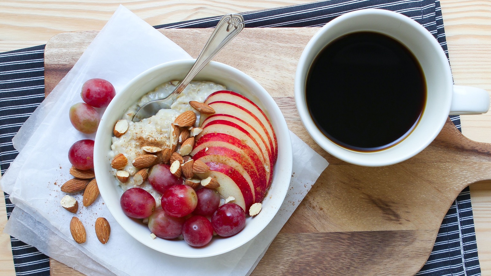 a bowl of porridge and a cup of coffee